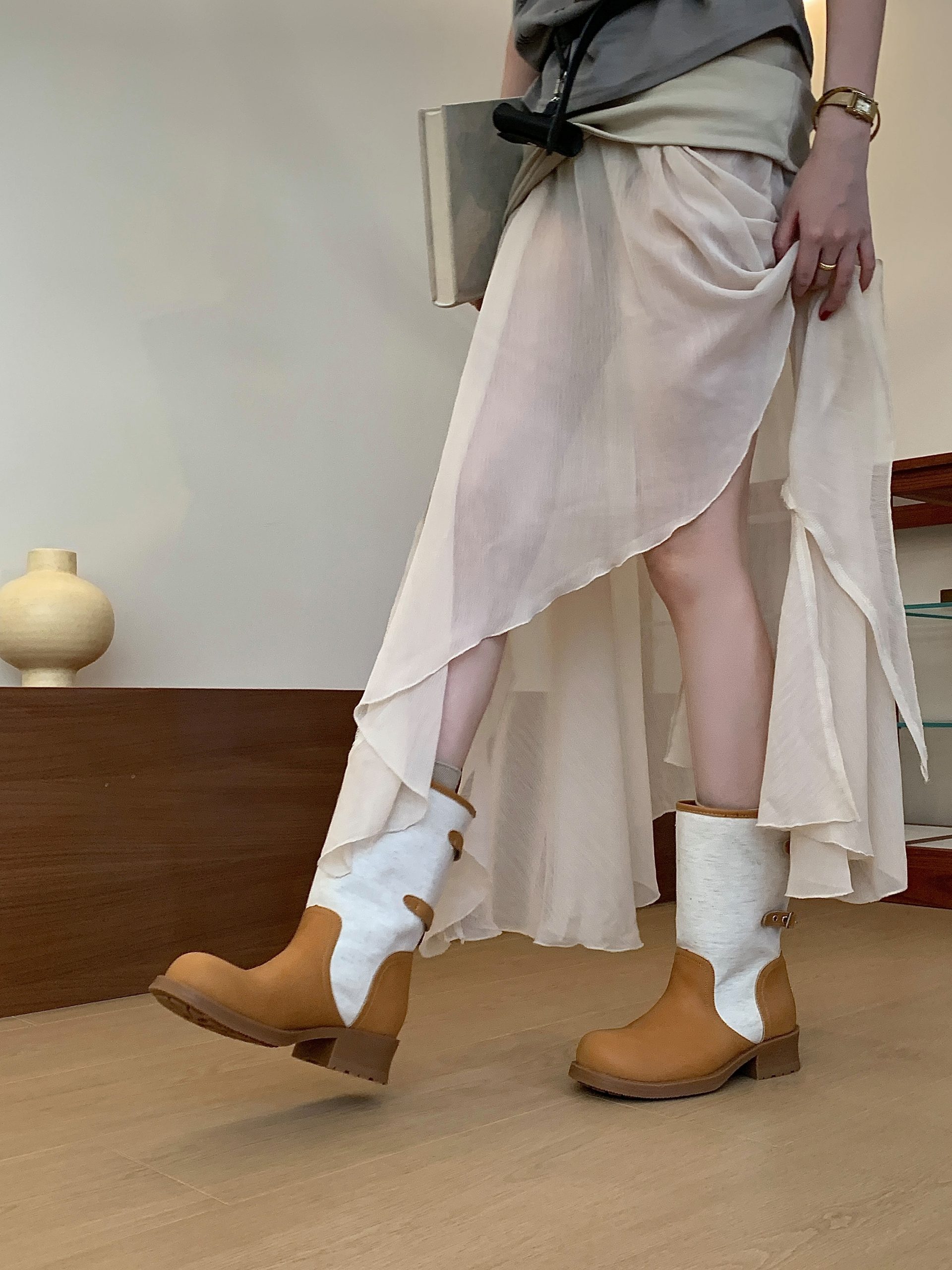 2026 New Western Cowboy Boots Stacked Heel Retro Patchwork Slip-On Chunky Sole Mid-Calf Martin Boots for Women