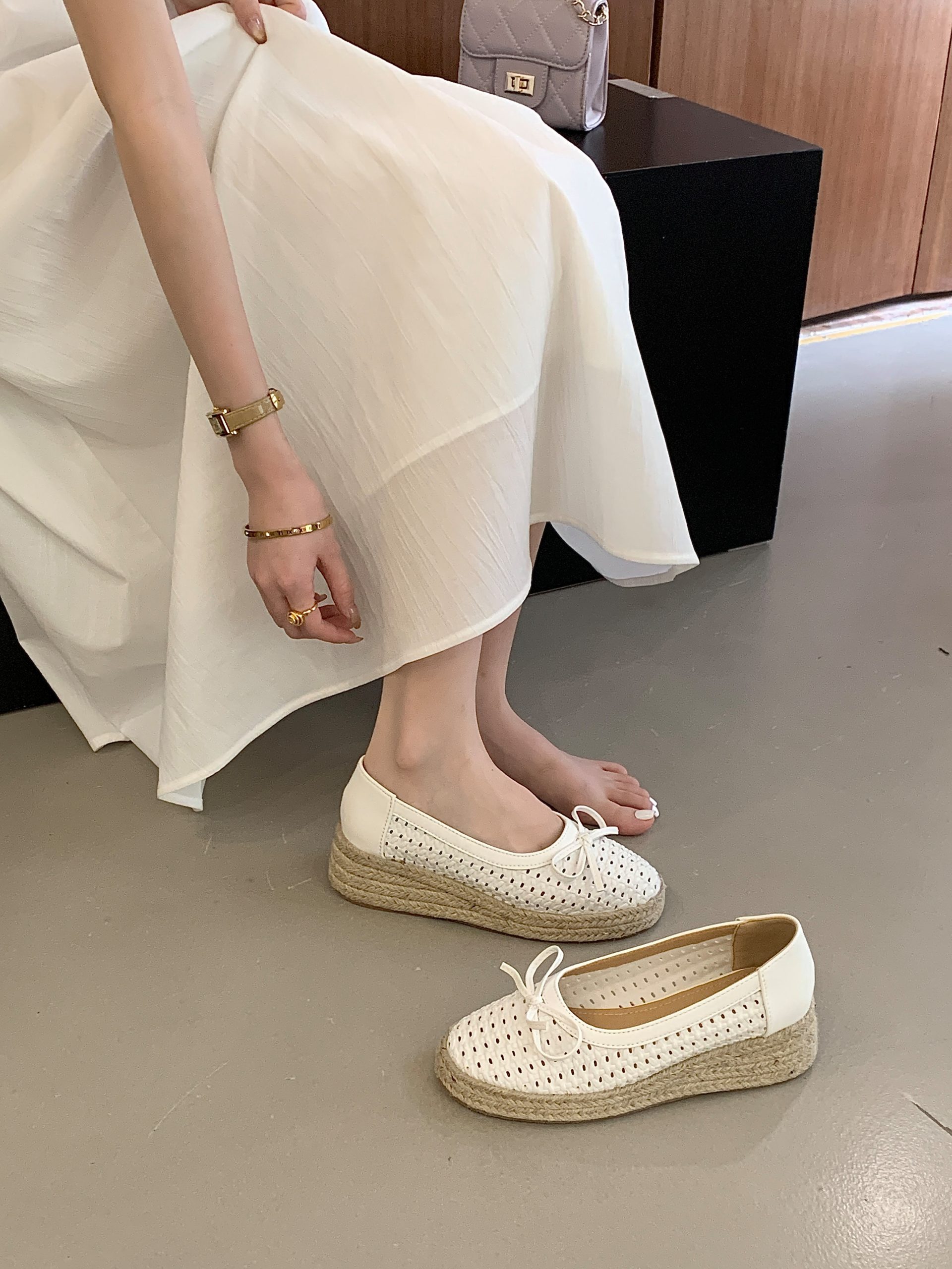 2026 Summer New Openwork Jute Bow Women's Comfortable Soft Sole Mesh Platform Low Top Shoes