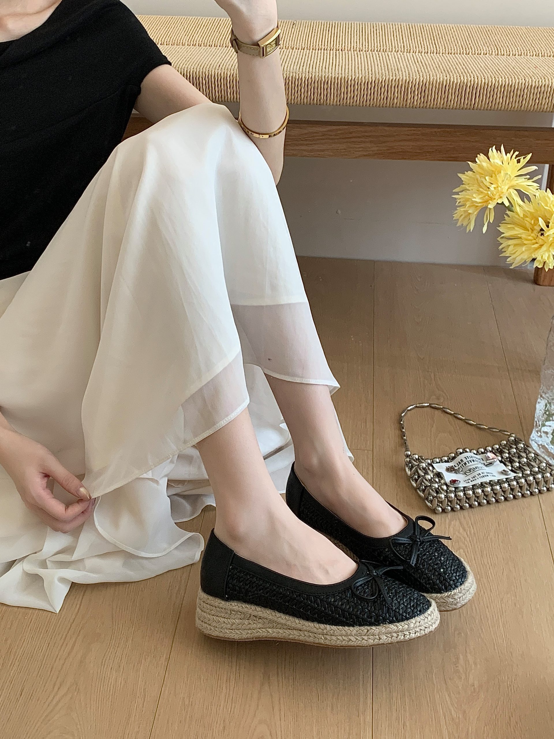 2026 Summer New Openwork Jute Bow Women's Comfortable Soft Sole Mesh Platform Low Top Shoes
